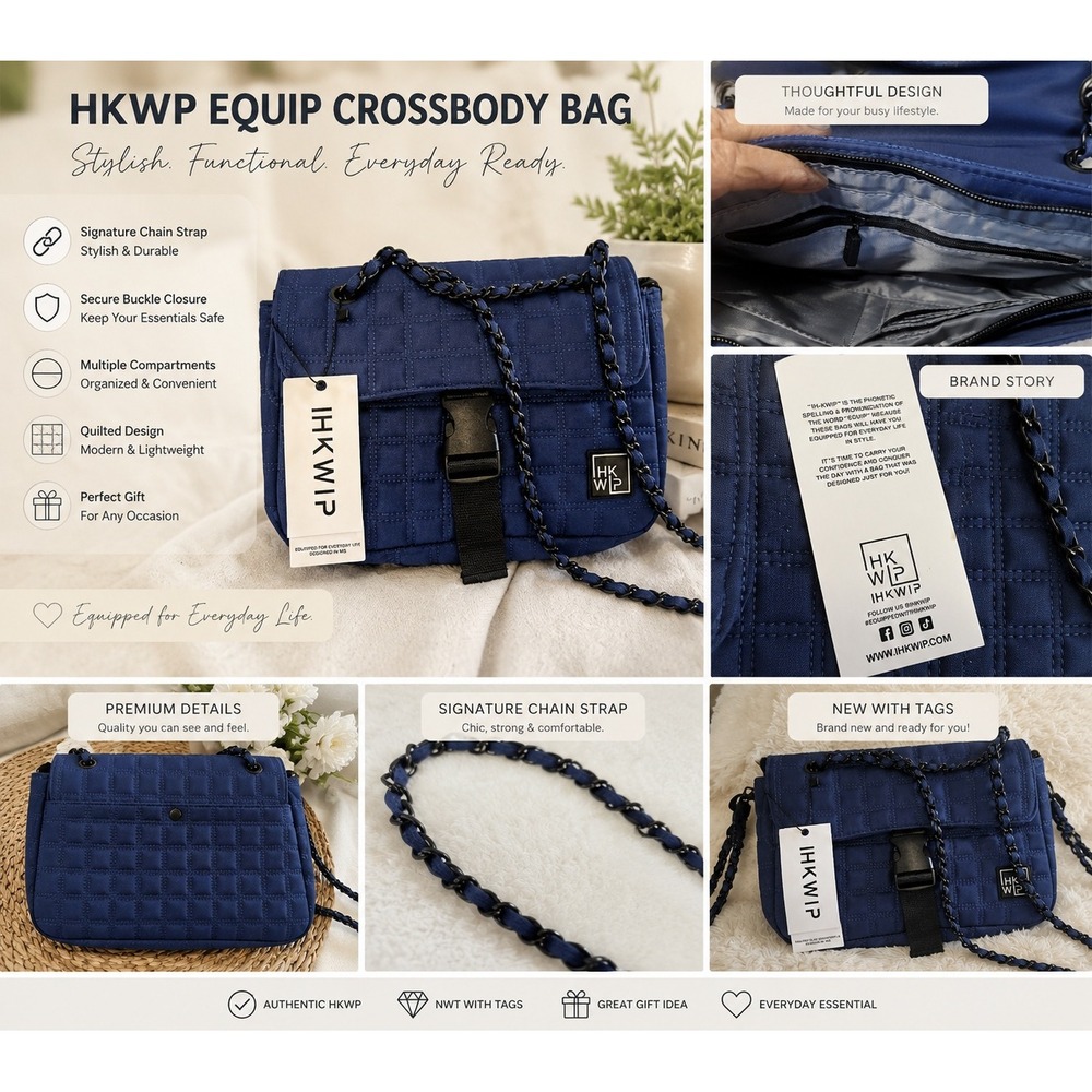 IHKWIP Equip Quilted Crossbody Bag Navy Blue Chain Strap Buckle Flap NWT